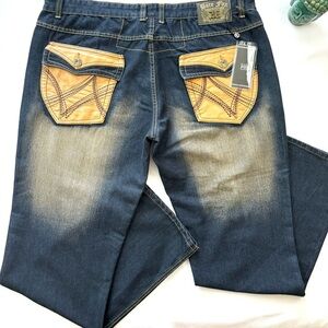 VTG NWT Bare Fox 90’s Leather Flap Pocket Fade Streetwear Straight Leg Jean (42)